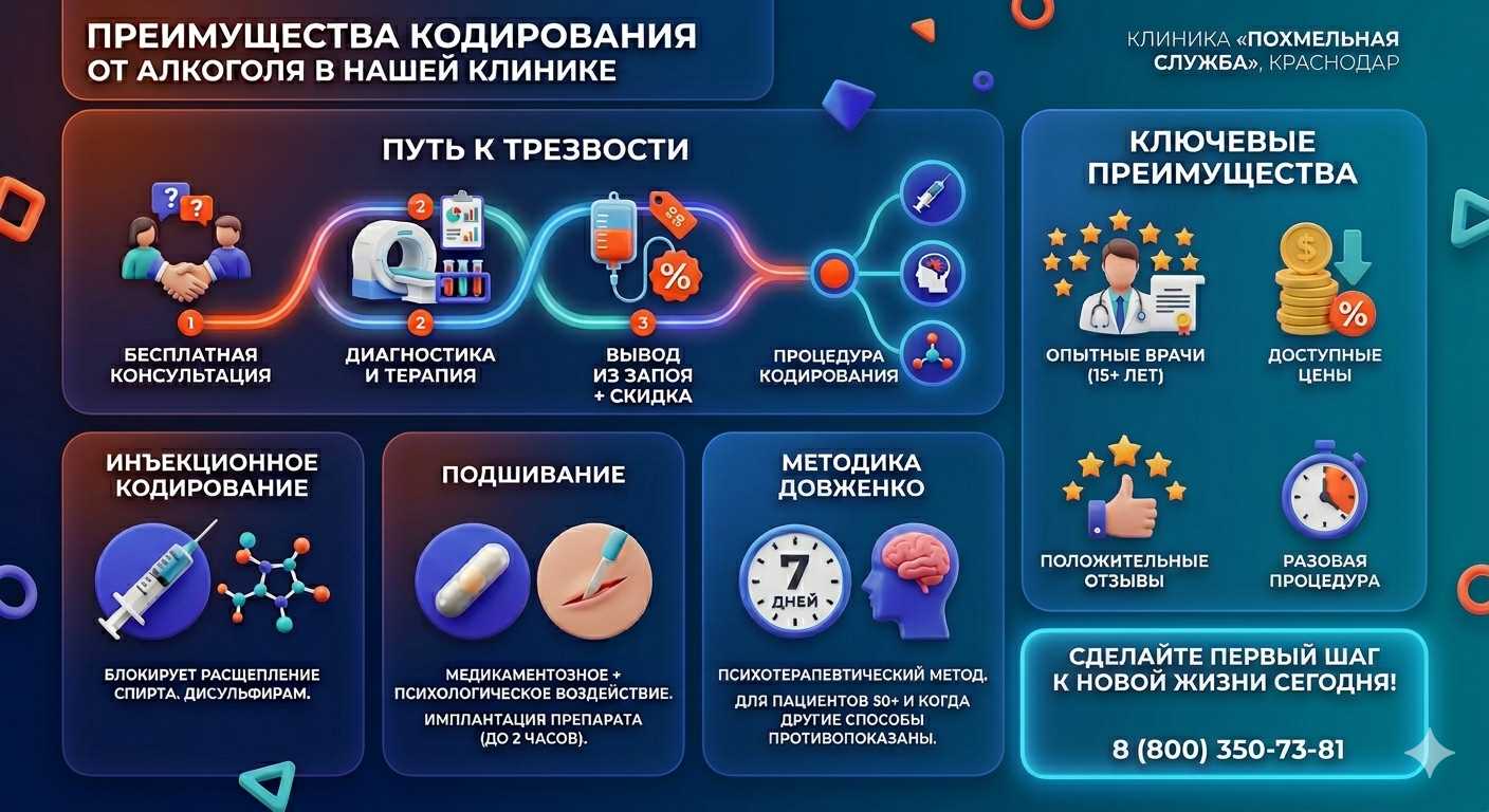 Инфографика о методах кодирования от алкоголя в Новочебоксарске: инъекции, подшивание, метод Довженко. Преимущества клиники и этапы лечения.